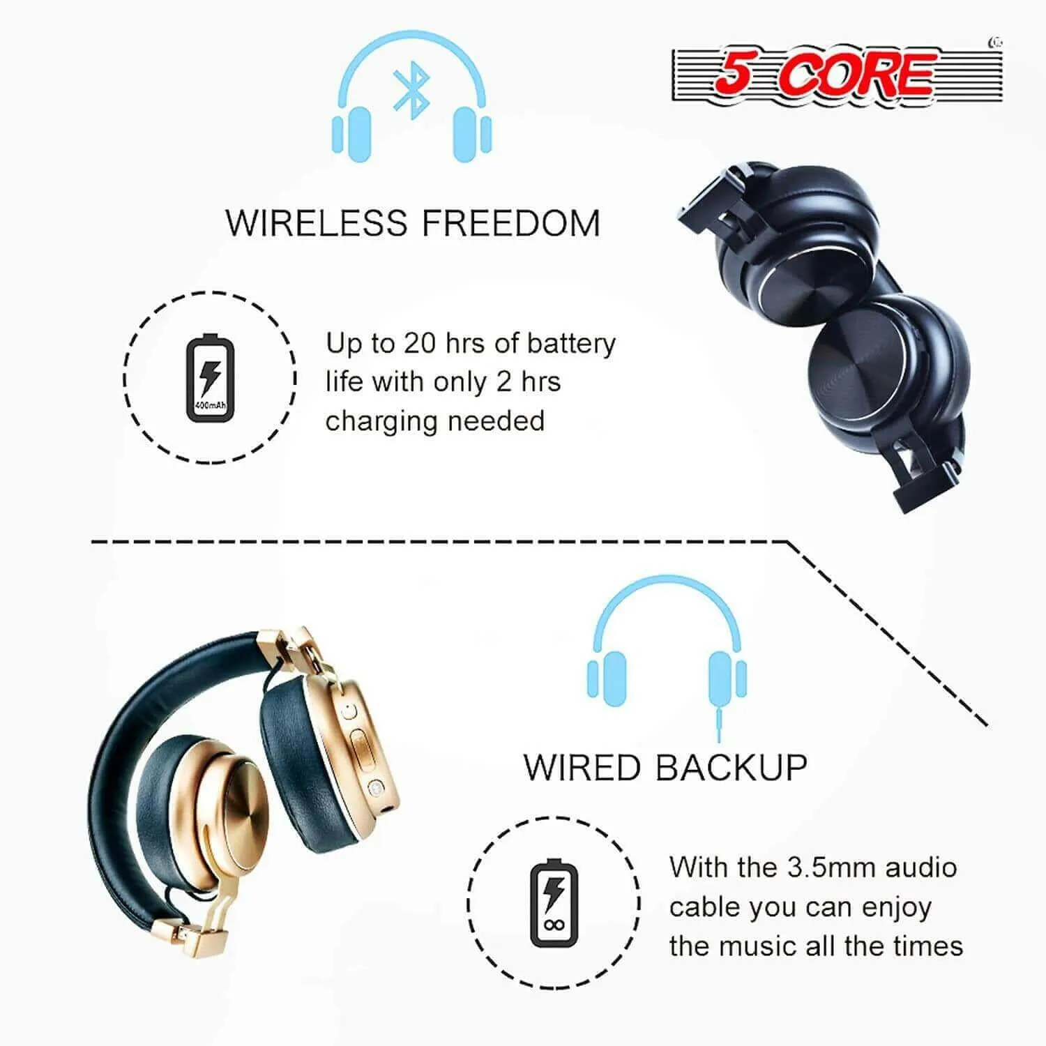 5Core Premium Headphone inbuilt Mic Over Ear Wireless Headset