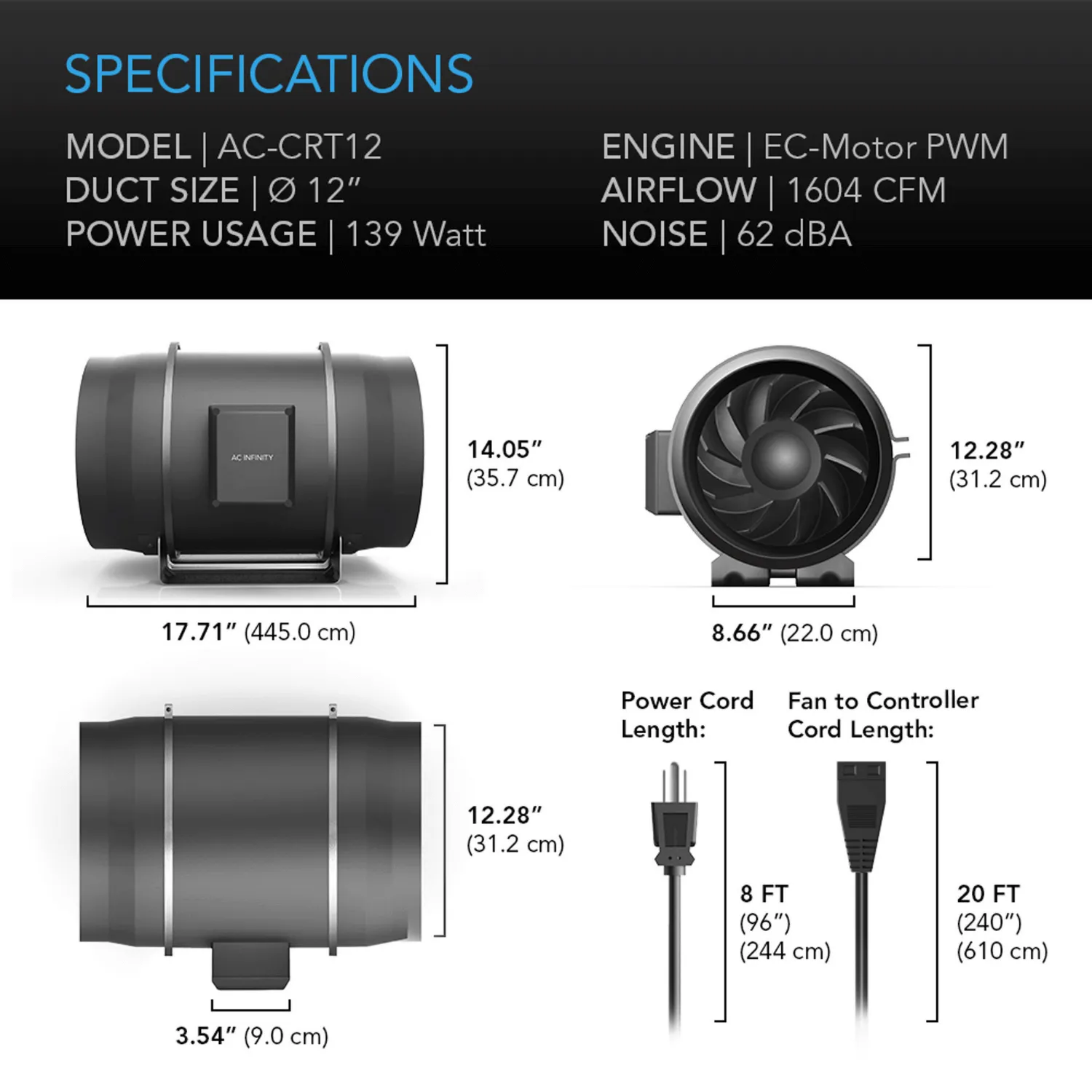 AC Infinity CLOUDWAY T12, Whole House EC Fan, 1600 CFM, Energy Efficient with Temperature Humidity Controller