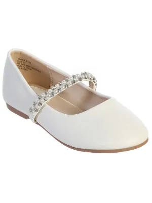 Big Girls White Rhinestone Pearl Strap Ballet Flats 6 Kids