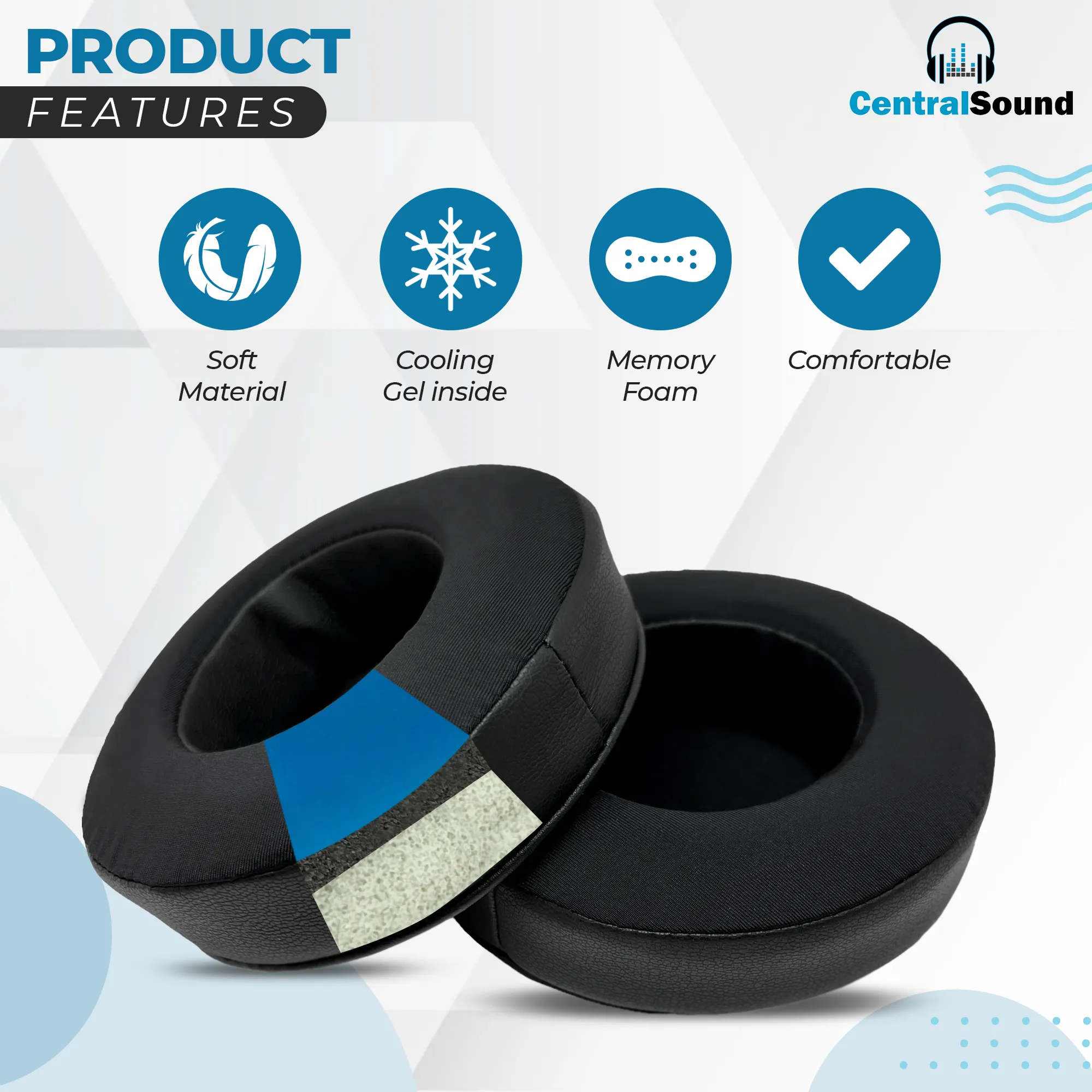 CentralSound Cooling Gel   Memory Foam Premium Replacement Ear Pad Cushions Universal Round 100mm