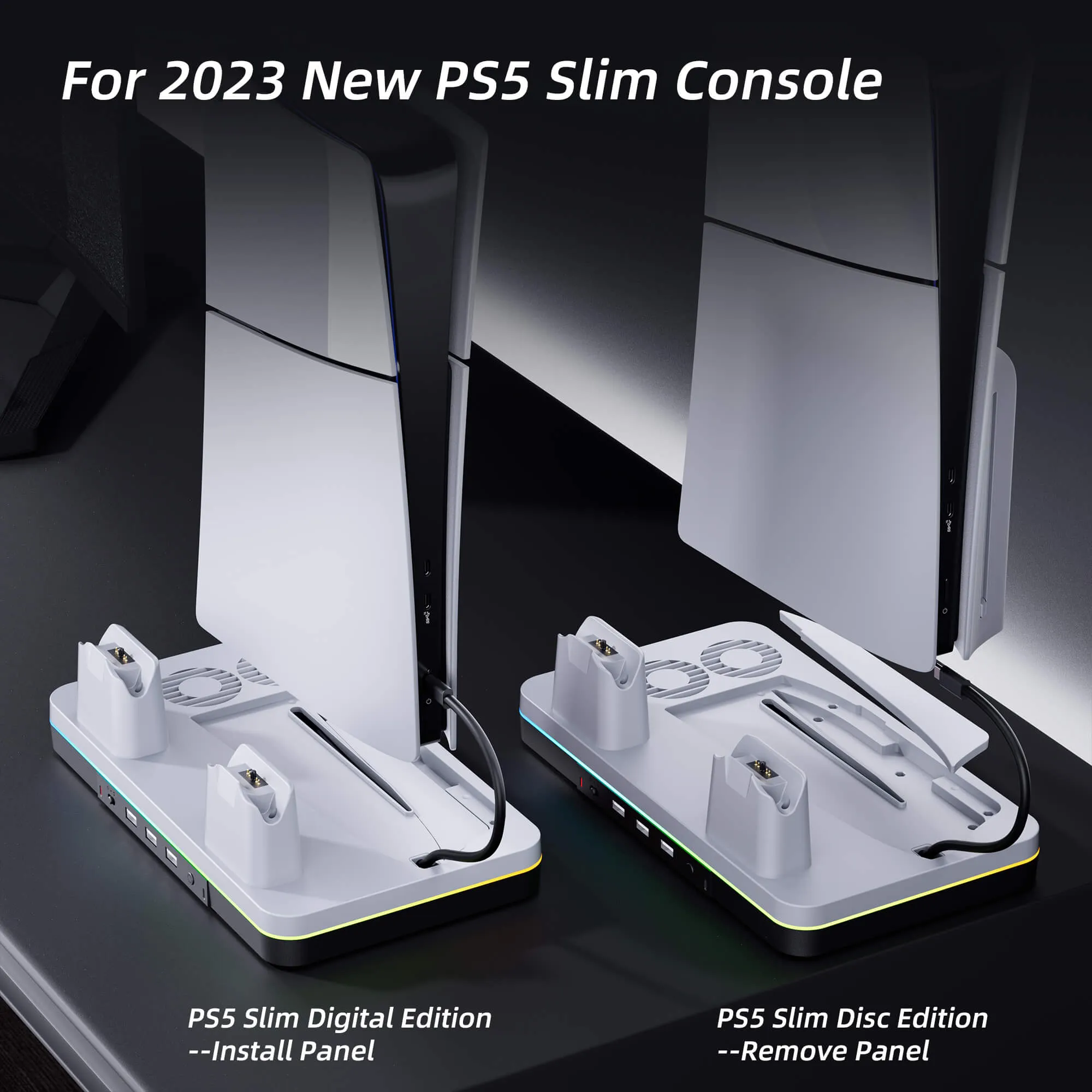 Cooling Station for 2023 New PS5 Slim Console (Disc & Digital Editions), Mytrix PS5 Slim Stand with 3 Speeds Cooling Fan, Charging Station with Controller Charger, 14 RGB Lights & 3 USB Ports-White