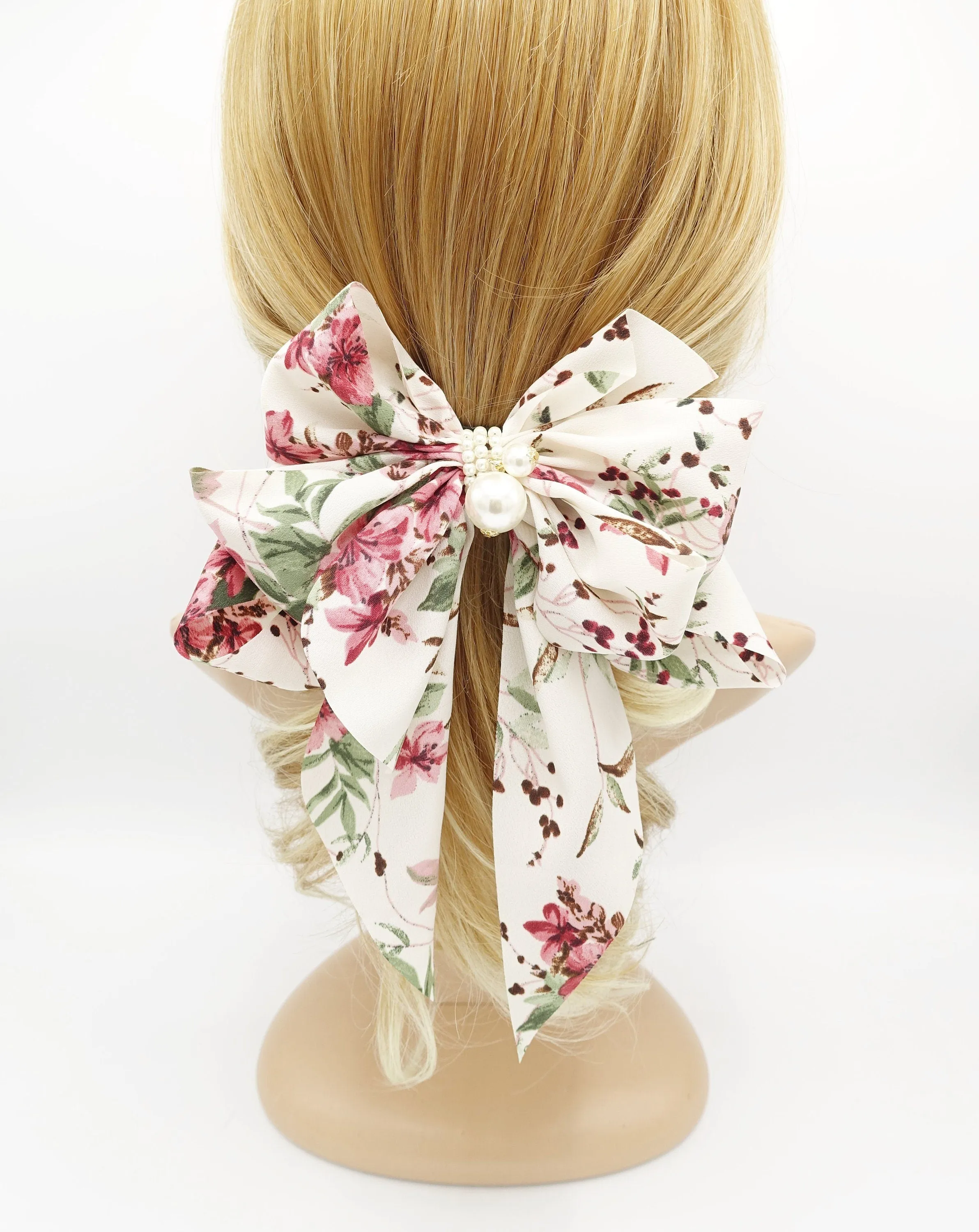 floral plant bow long tail layered pleat women hair accessory