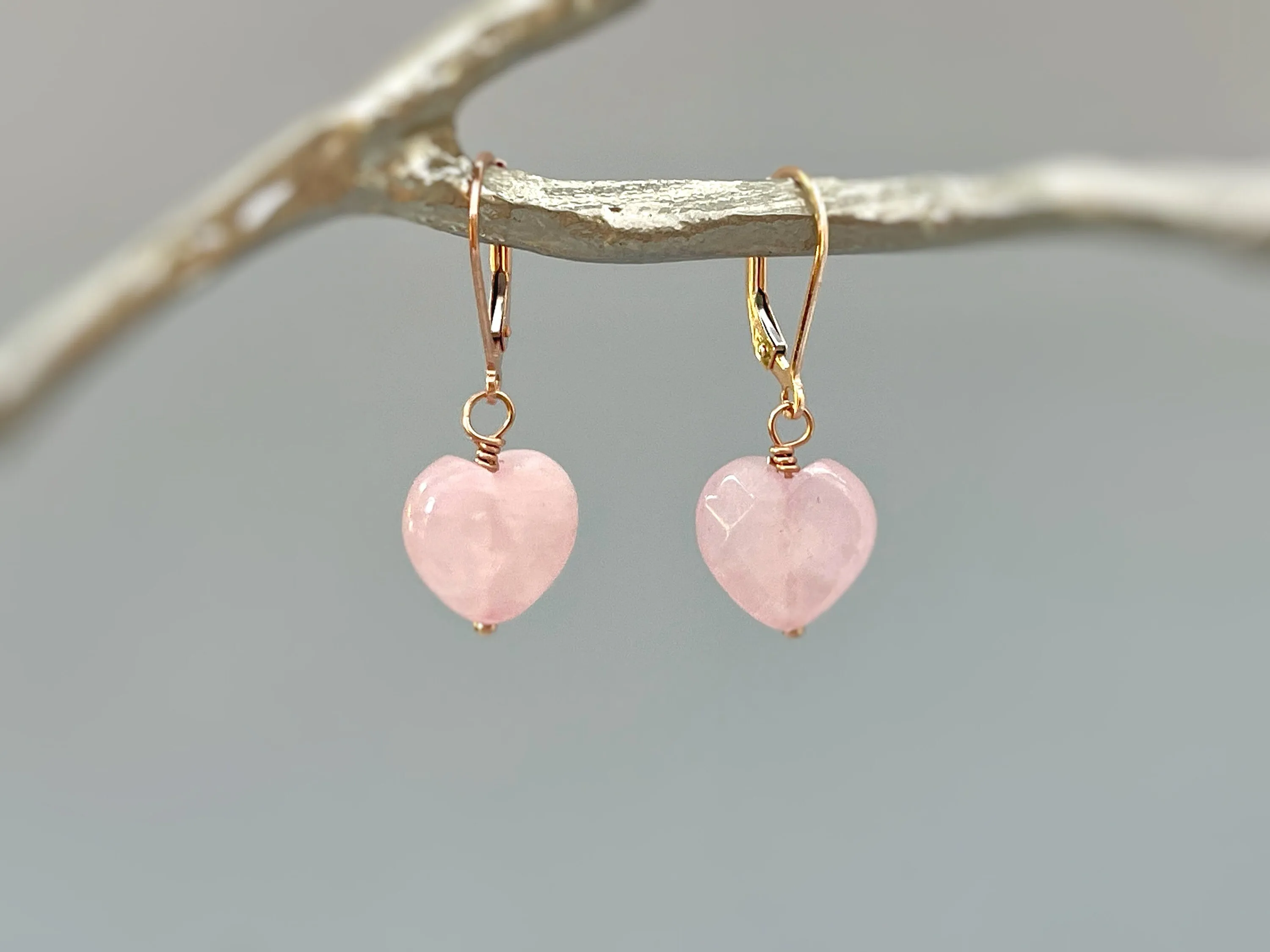 Pink Rose Quartz Heart Earrings Dangle