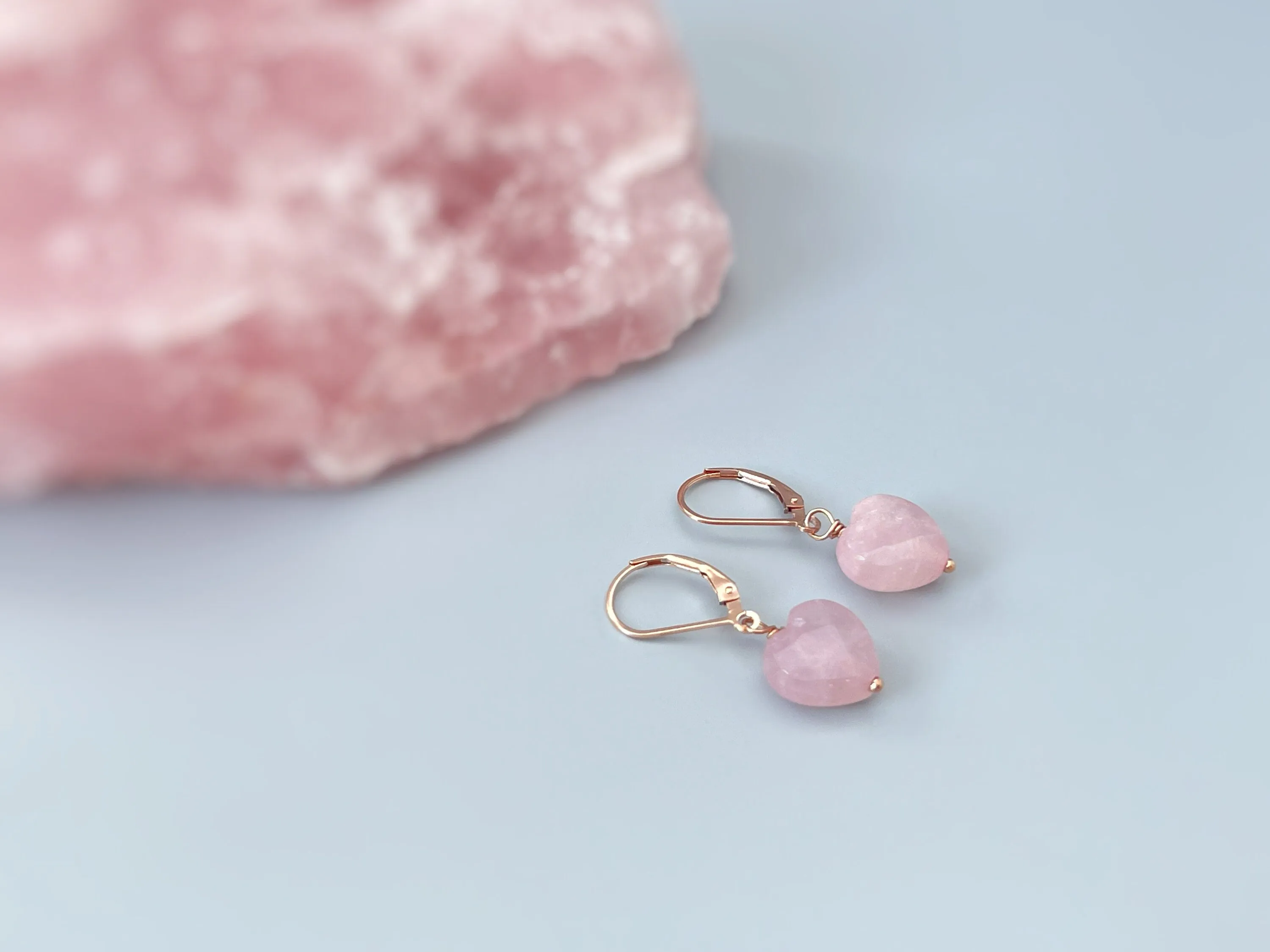 Pink Rose Quartz Heart Earrings Dangle