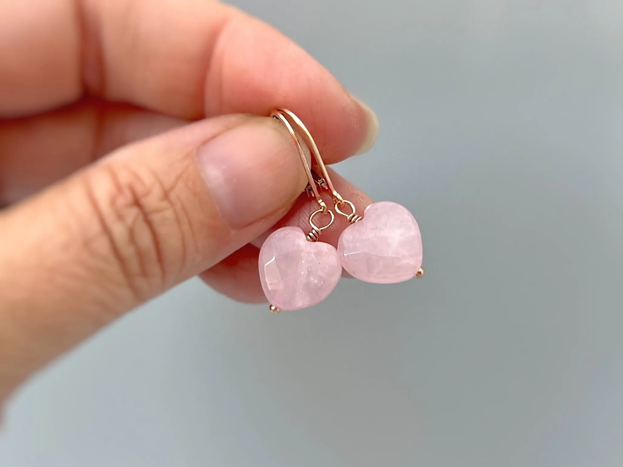 Pink Rose Quartz Heart Earrings Dangle