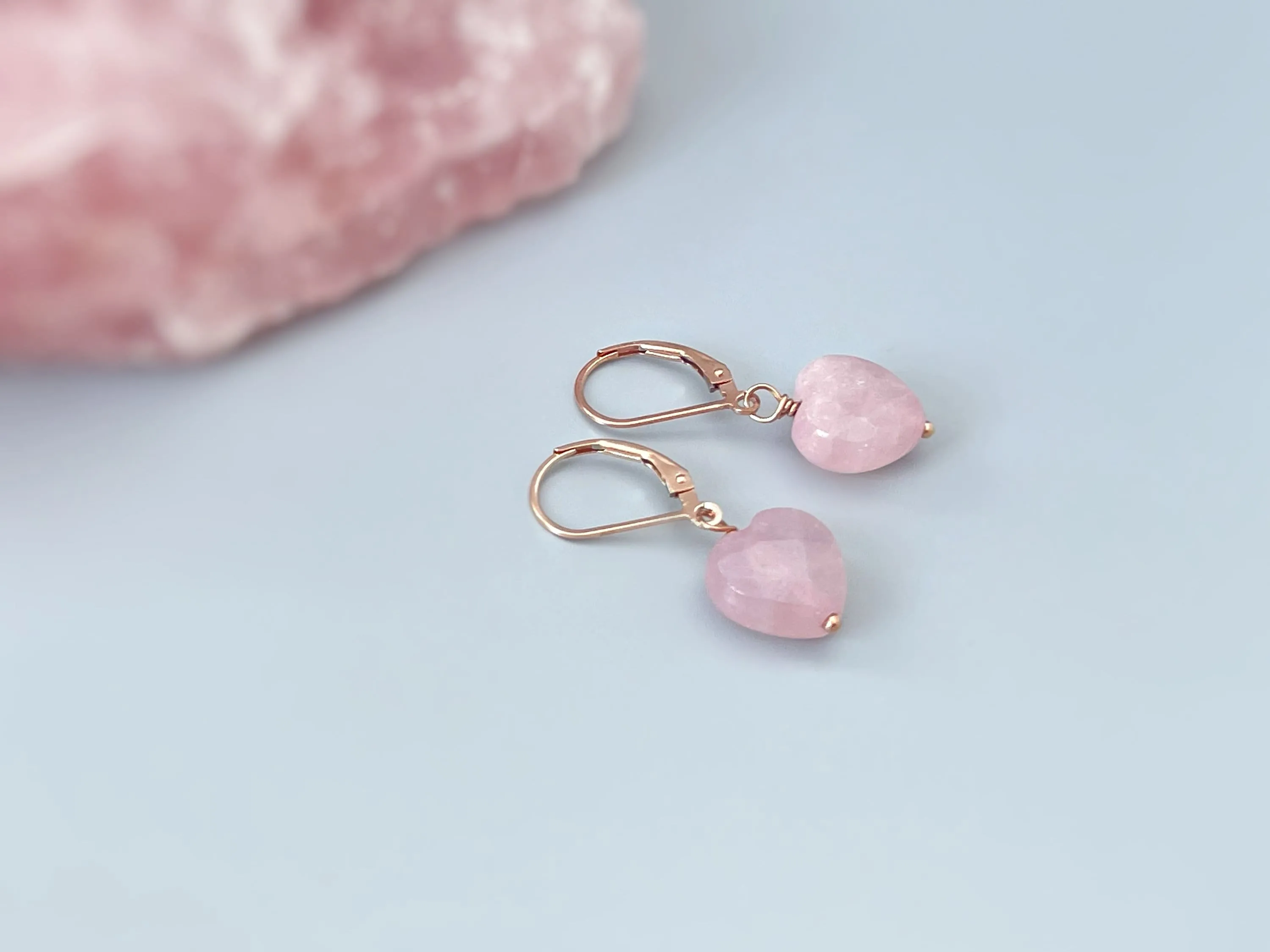 Pink Rose Quartz Heart Earrings Dangle