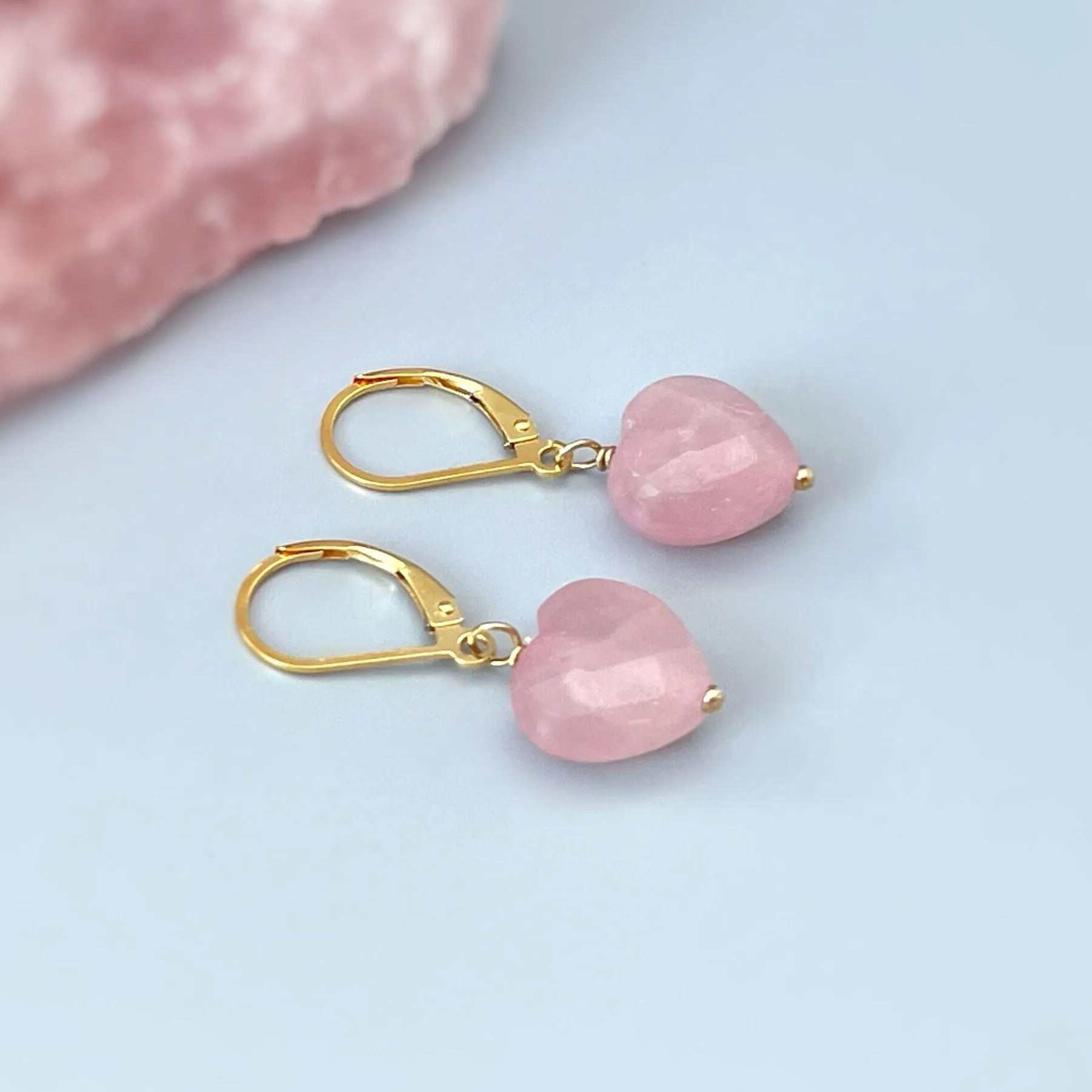 Pink Rose Quartz Heart Earrings Dangle