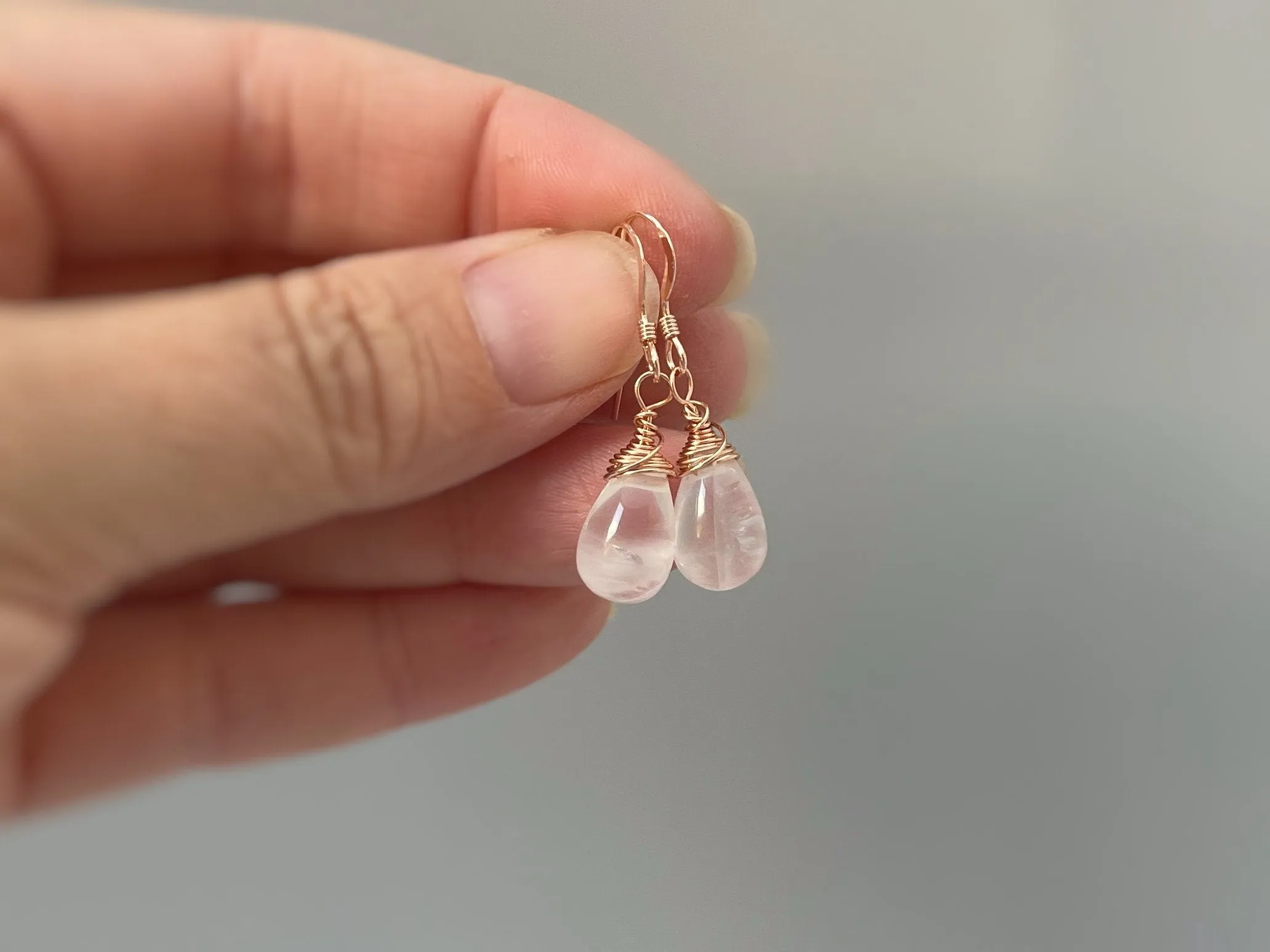 Rose Quartz Earrings Dangle Rose Gold, Sterling Silver Dangling smooth teardrop soft pink gemstone Handmade January birthstone jewelry gift