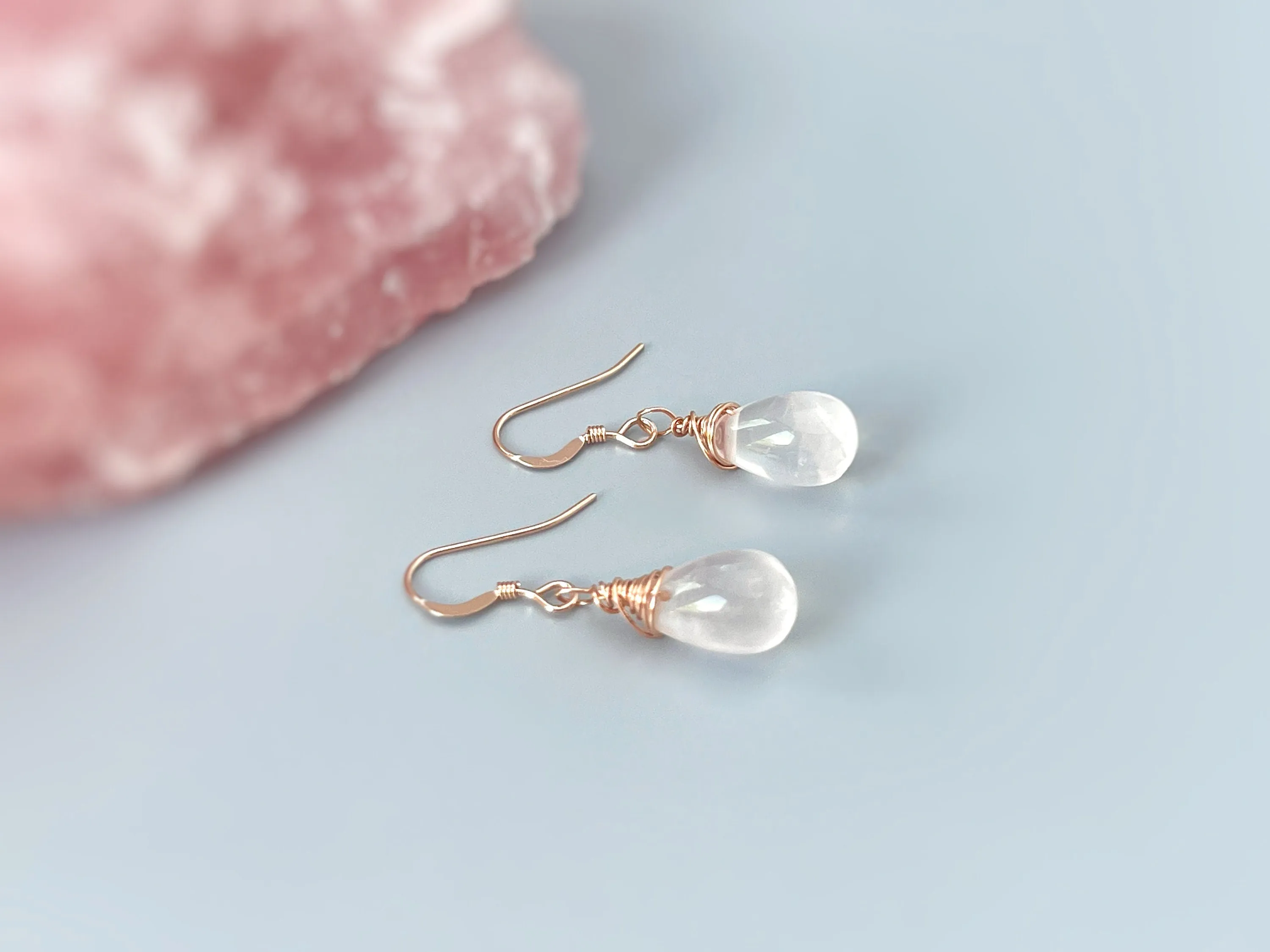 Rose Quartz Earrings Dangle Rose Gold, Sterling Silver Dangling smooth teardrop soft pink gemstone Handmade January birthstone jewelry gift