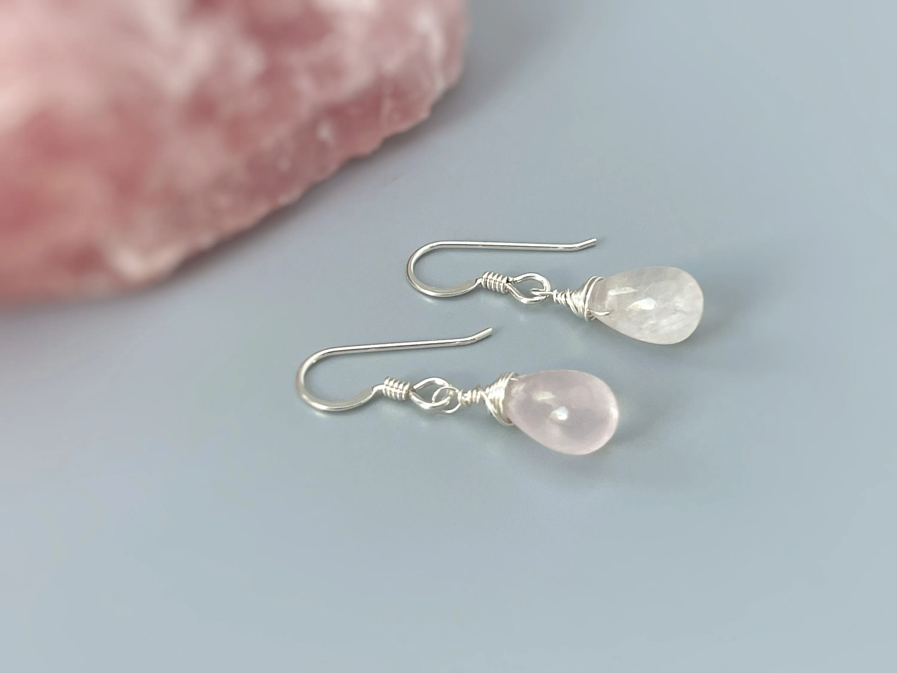 Rose Quartz Earrings Dangle Rose Gold, Sterling Silver Dangling smooth teardrop soft pink gemstone Handmade January birthstone jewelry gift