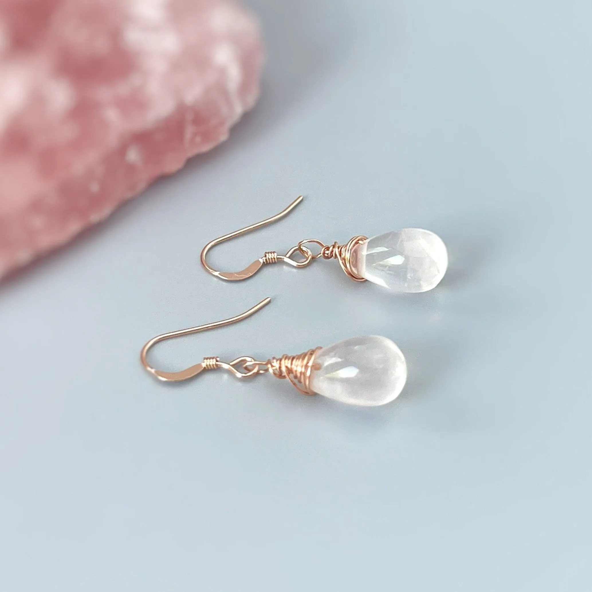 Rose Quartz Earrings Dangle Rose Gold, Sterling Silver Dangling smooth teardrop soft pink gemstone Handmade January birthstone jewelry gift