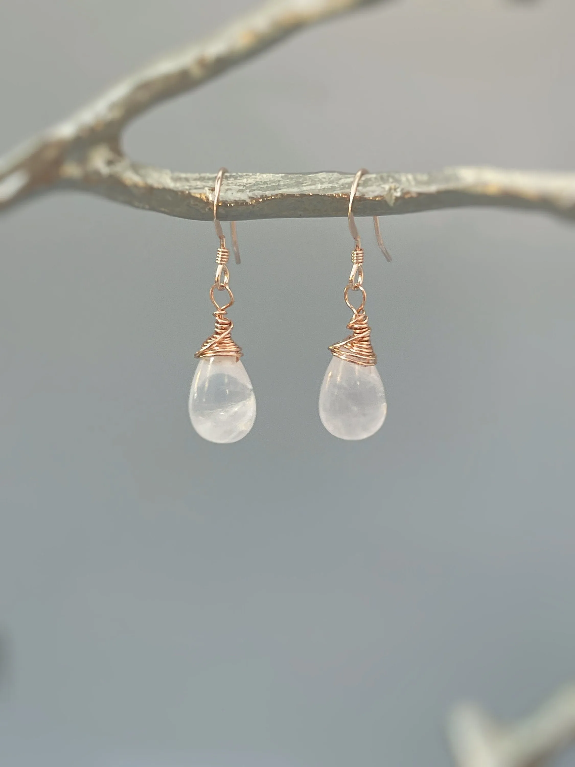 Rose Quartz Earrings Dangle Rose Gold, Sterling Silver Dangling smooth teardrop soft pink gemstone Handmade January birthstone jewelry gift