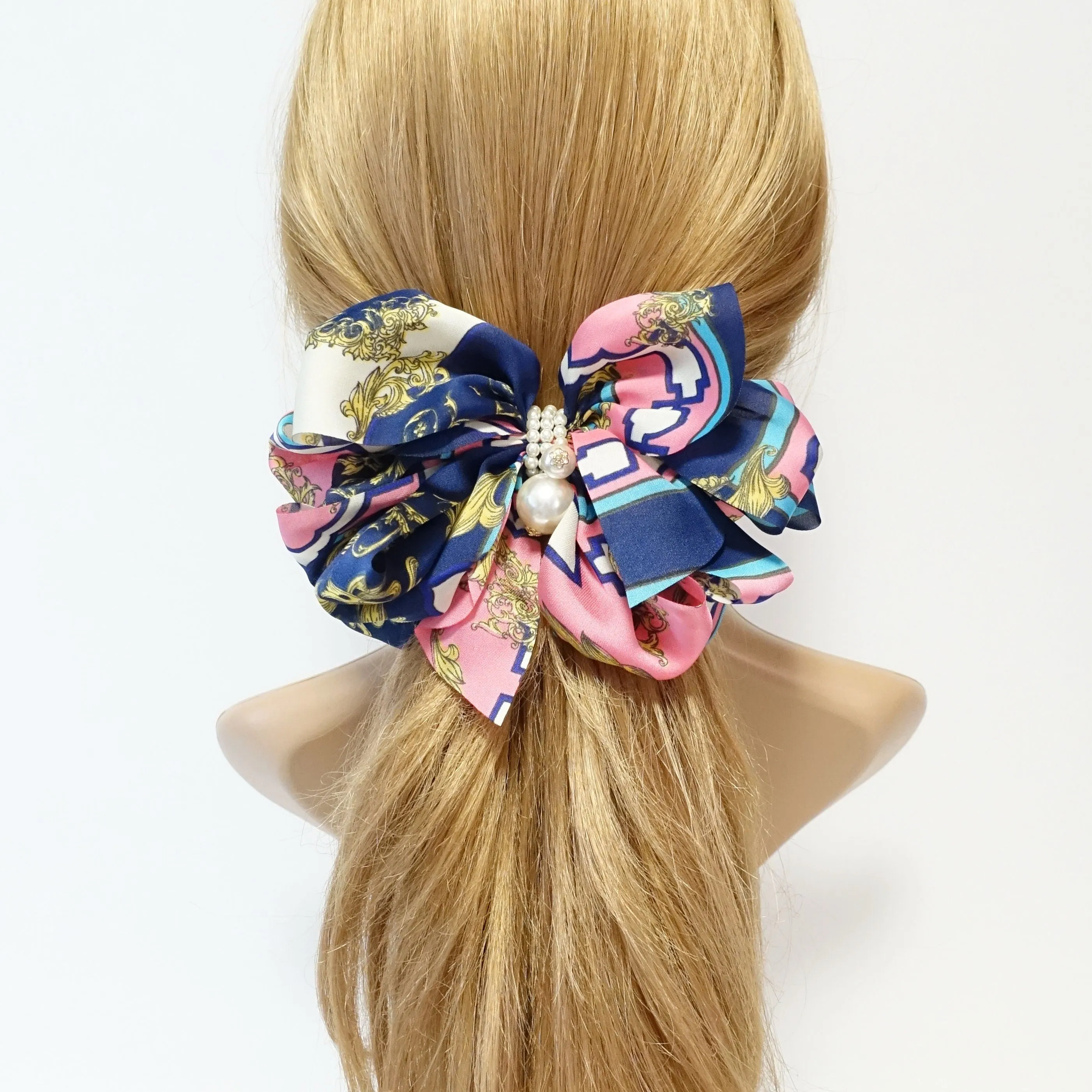 Satin Multi Drape Wing Key Baroque Print Scarf Bow French Hair Barrette