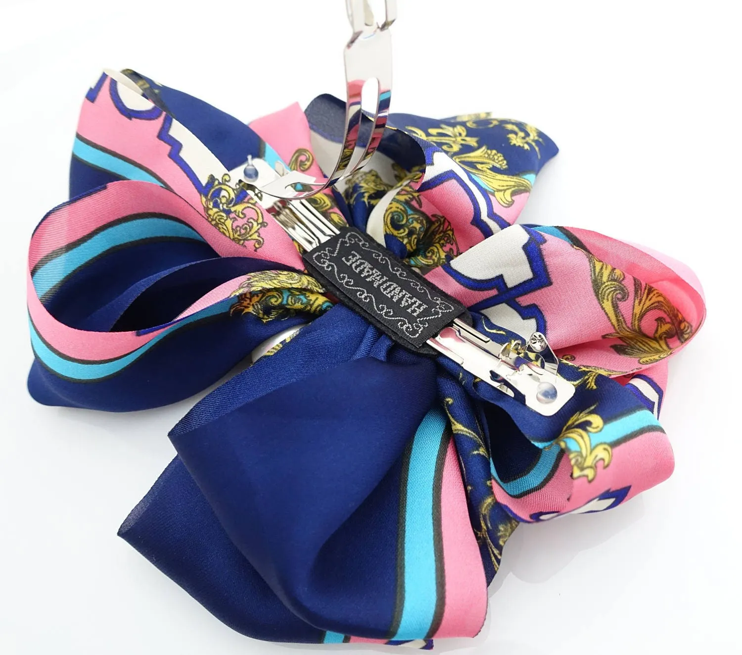 Satin Multi Drape Wing Key Baroque Print Scarf Bow French Hair Barrette