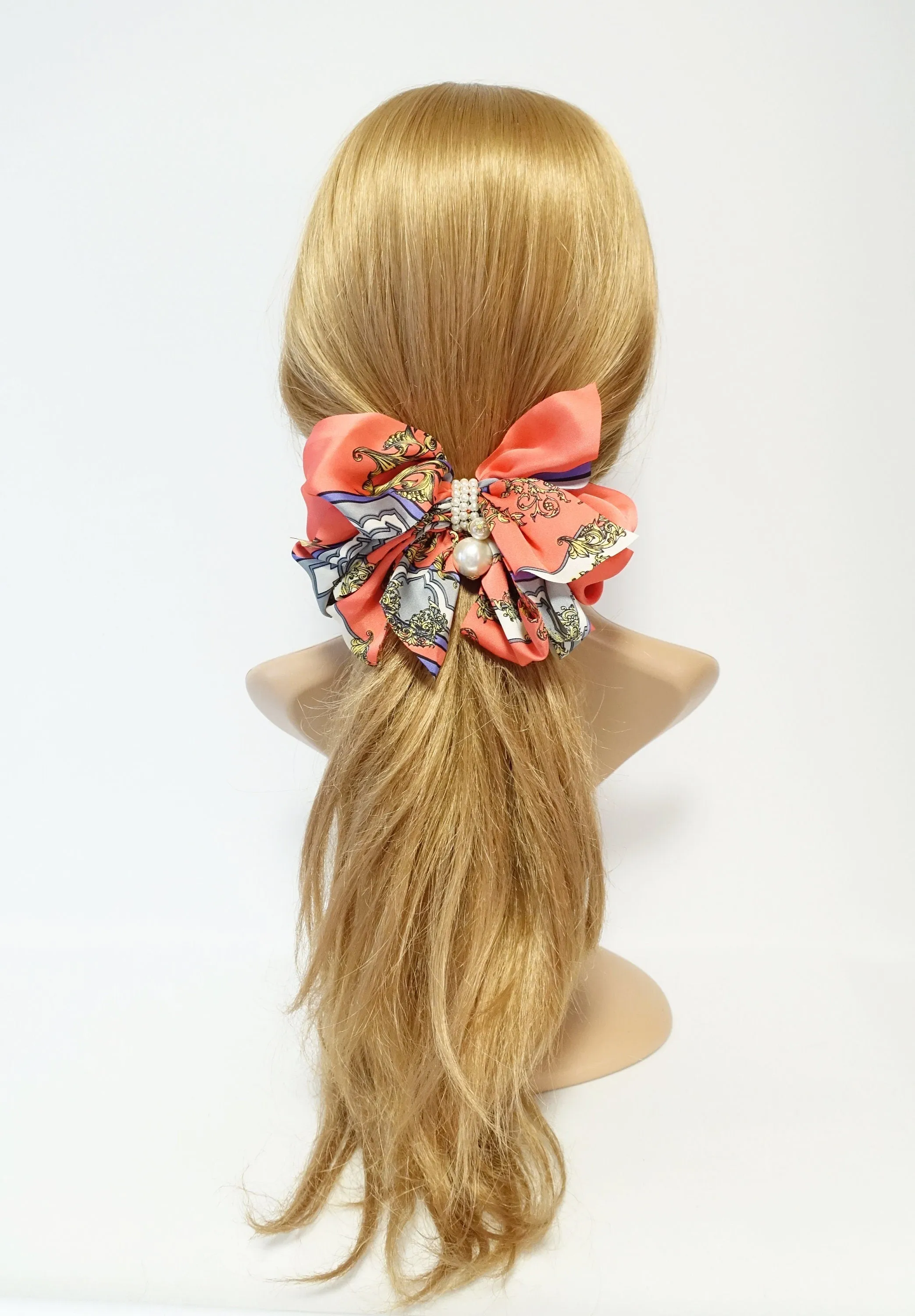 Satin Multi Drape Wing Key Baroque Print Scarf Bow French Hair Barrette