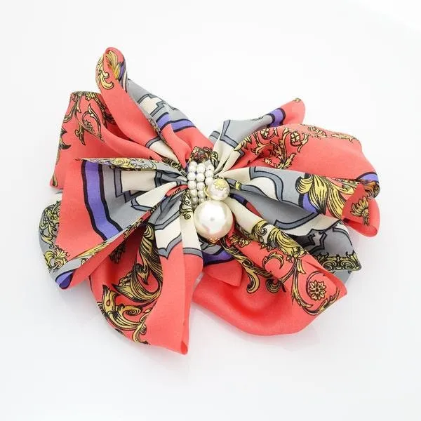 Satin Multi Drape Wing Key Baroque Print Scarf Bow French Hair Barrette