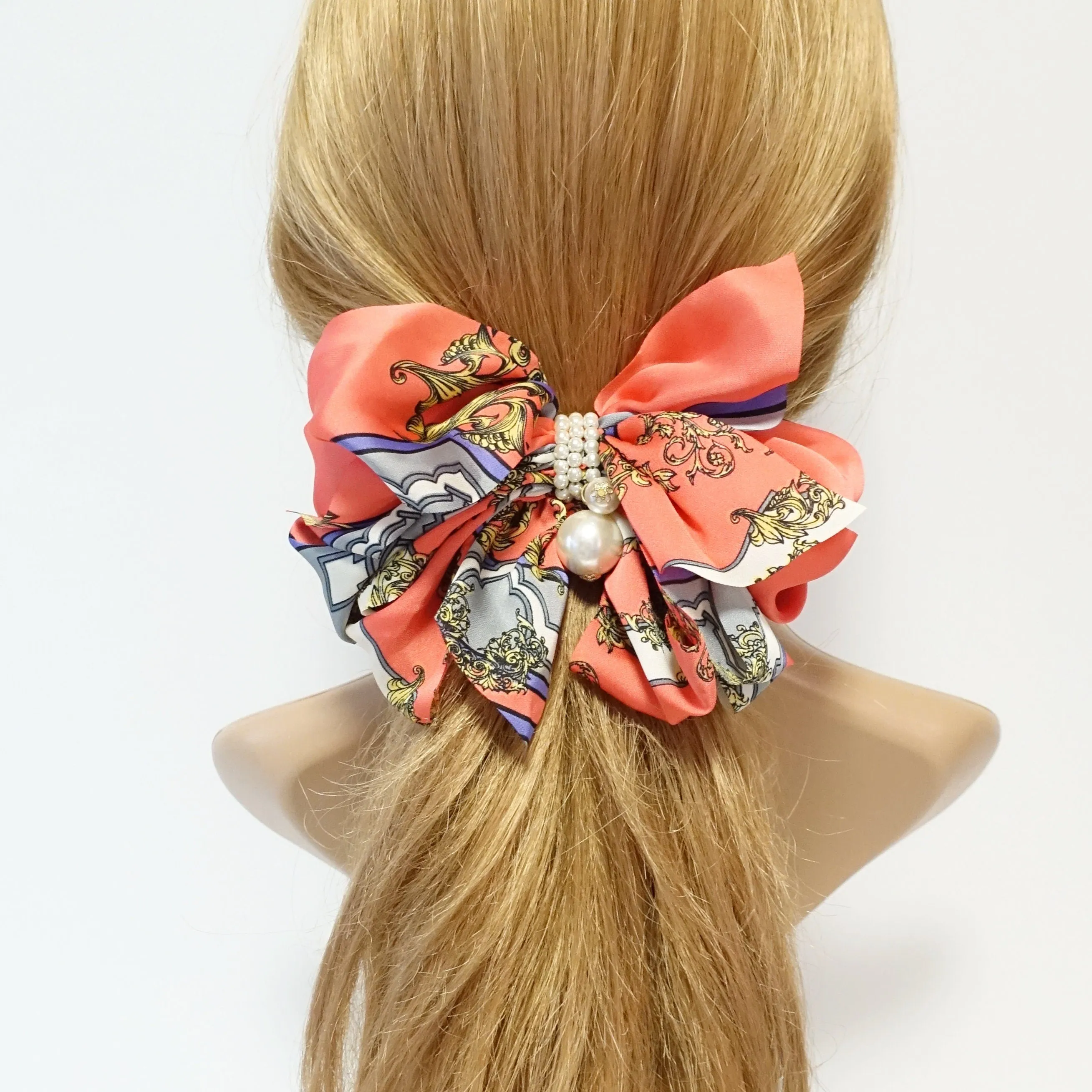 Satin Multi Drape Wing Key Baroque Print Scarf Bow French Hair Barrette