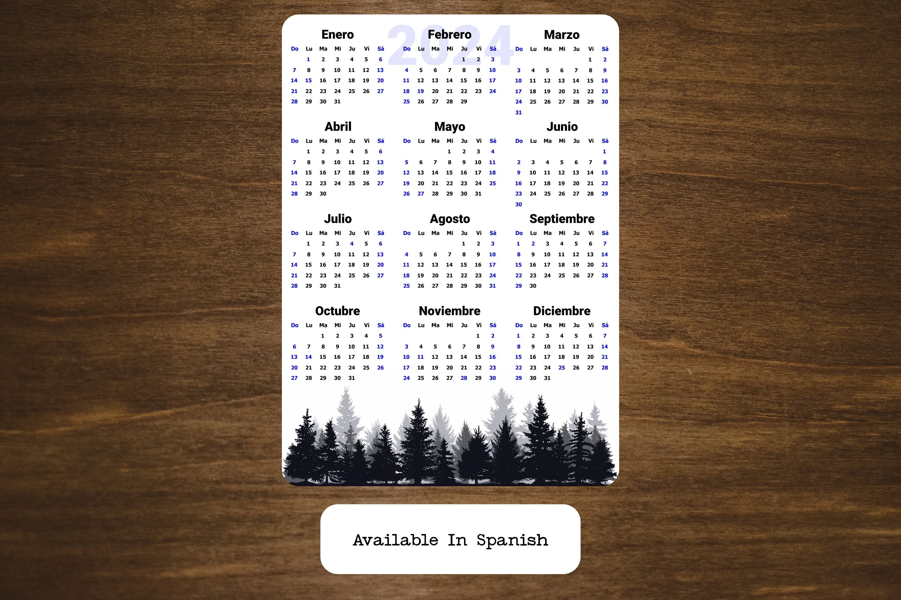 Year At A Glance Calendar Sticker - Pine Trees (Blue) Design