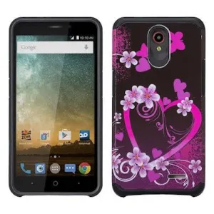 ZTE Prestige 2, Overture 3, Maven 3, Prelude Plus, ZTE 9136, Midnight Pro, Slim Hybrid Dual Layer Case Cover - Heart Butterflies