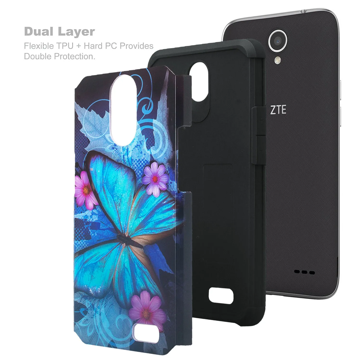 ZTE Prestige Case, Sonata 3, ZTE Avid Plus, ZTE Avid Trio, ZFive 2, Midnight Pro, Maven 2, Cheers, Slim Dual Layer Case Cover - Blue Butterfly