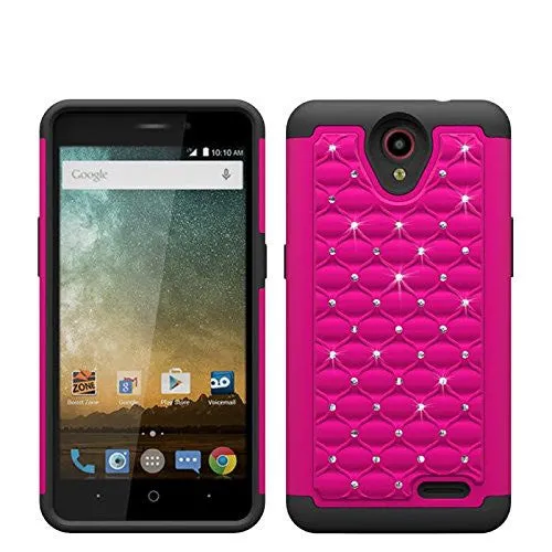 ZTE Prestige Case, Sonata 3, ZTE Avid Plus, ZTE Avid Trio, ZFive 2, Midnight Pro, Maven 2, Cheers, Slim Rhinestone Hybrid Dual Layer Case Cover - Hot Pink/Black