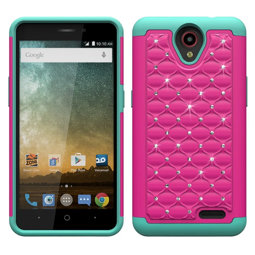 ZTE Prestige Case, Sonata 3, ZTE Avid Plus, ZTE Avid Trio, ZFive 2, Midnight Pro, Maven 2, Cheers, Slim Rhinestone Hybrid Dual Layer Case Cover - Hot Pink/Teal